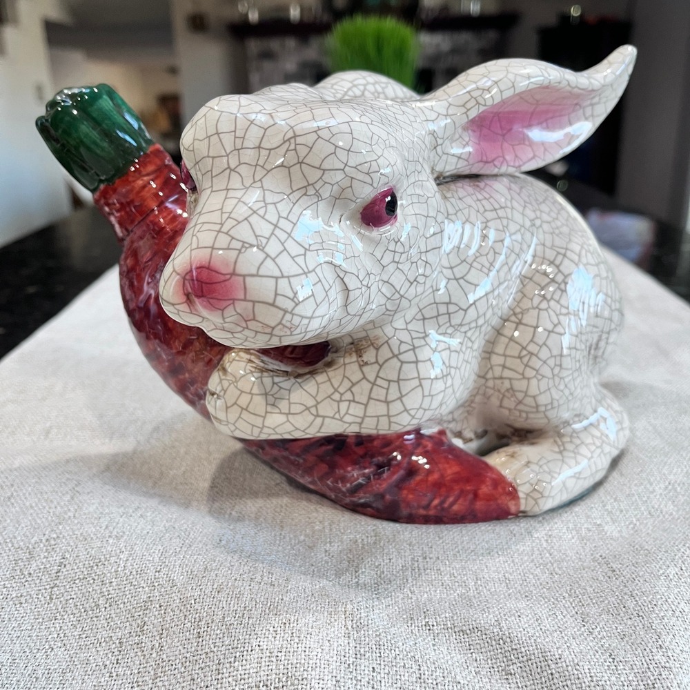 Vintage Style Crackle Glaze Ceramic Rabbit Bunny with Carrot Figurine Decor